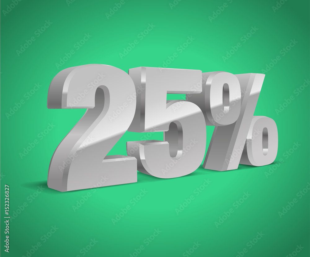 25% percent off, sale green background, silver-gray object 3D. Eps10 Vector. 25% percent off, sale green background, silver-gray object 3D. Eps10 Vector.