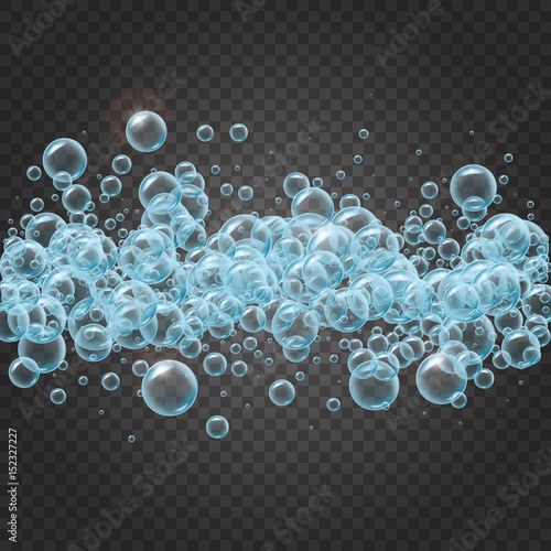 Shampoo stripe of realistic water bubbles on transparent background. Cleaning liquid soap foam, shampoo bubbles in bath or shower. For banner, flyer, invitation. Swimming pool, aqua park, diving.