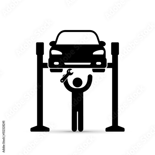 Car on lift and mechanic icon, vector. Car service repair simple illustration.