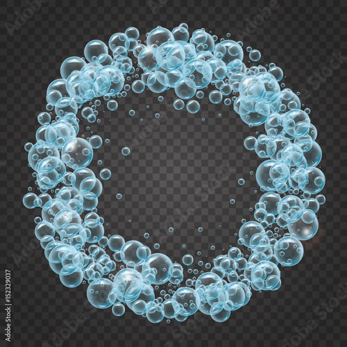 Shampoo round frame of cool water bubbles on transparent background. Cleaning liquid soap foam, shampoo bubbles in bath or shower. For banner, flyer, invitation. Swimming pool, aqua park, diving.