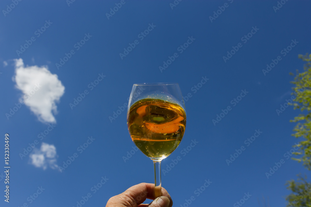 Weinglas, Wein, Himmel, Wolken, blauer Himmel, golden, Perlen, Blasen, Trinkkultur, Kultur, Durst, durstig, Alkohol,