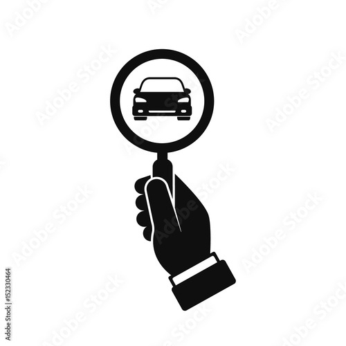 Looking for car icon, hand hold magnifying glass search car, vector illustration.