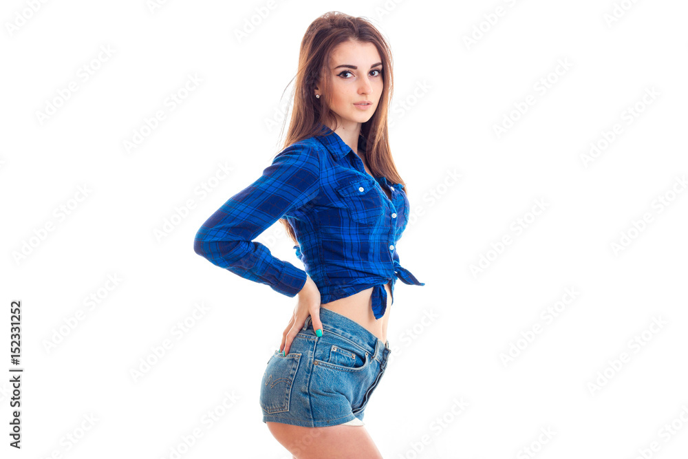 Beautiful Girl Short Shorts Blue T-shirt Stock Photo 1499582573