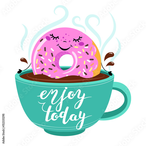 Funny Cartoon comic donut with smile face takes a bath in a cup of coffee. Vector cartoon illustration.
