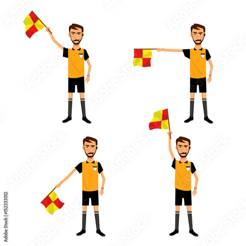Soccer referee with signal flag in hand. Checkered flag signs.