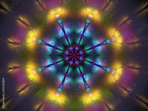 Abstract exotic flower. Psychedelic mandala design in blue, yellow and violet colors. Fantasy fractal art. 3D rendering.