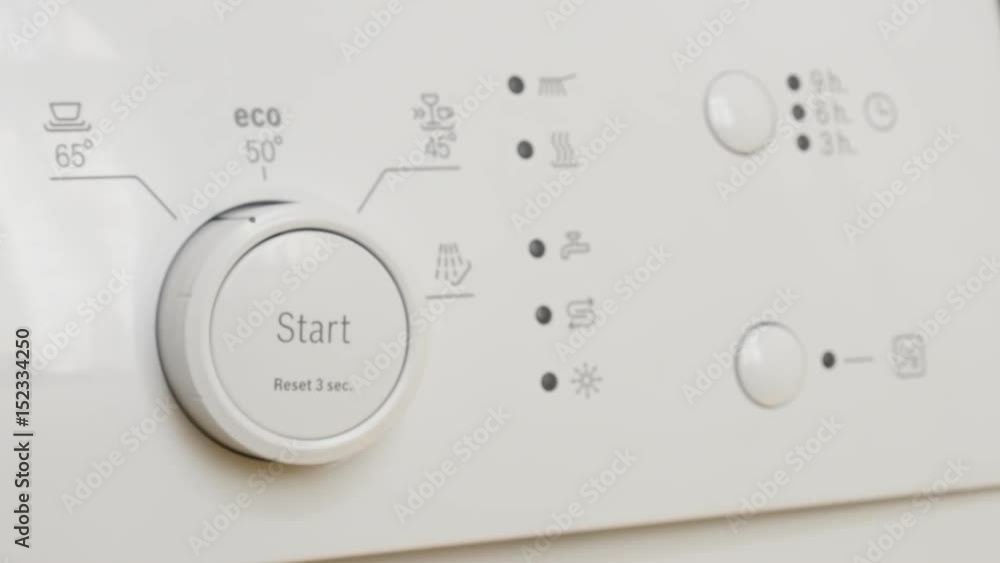 Setting dishwasher program by hand close-up 4K 2160p 30fps UltraHD footage - Console of dishware and cutlery washing machine 3840X2160 UHD tilting video Setting dishwasher program by hand close-up 4K 2160p 30fps UltraHD footage - Console of dishware and cutlery washing machine 3840X2160 UHD tilting video