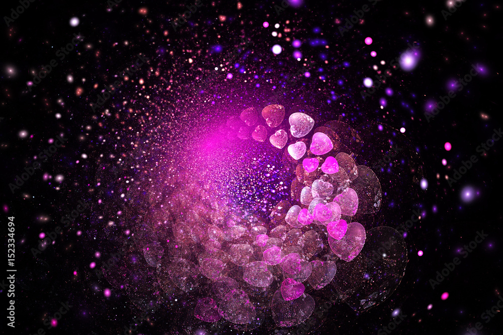 Bright galaxy. Abstract shining hearts and sparks swirl on black background. Fantastic fractal texture in pink and blue colors. Digital art. 3D rendering.