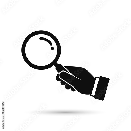 Hand holding magnifying glass icon. Black silhouette isolated on white. Vector flat illustration. Search concept.