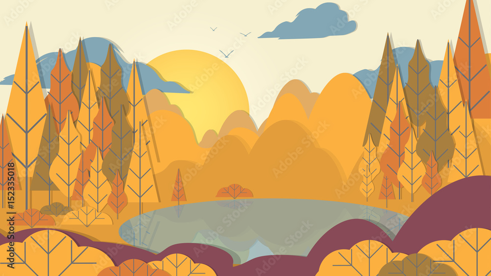 Paper-cut Style Applique Forest with Lake  - Vector Illustration