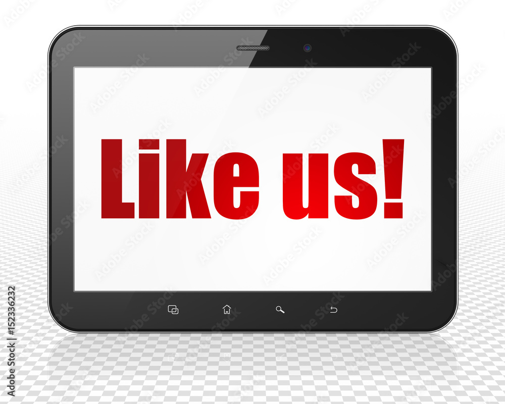 Social media concept: Tablet Pc Computer with Like us! on display Social media concept: Tablet Pc Computer with Like us! on display