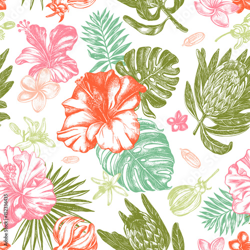 Decorative seamless pattern with ink hand-drawn Tropical flowers and leaves. Vector illustration.