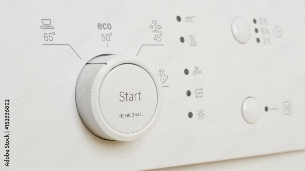 Close-up console of dishware and cutlery washing machine 4K 2160p 30fps UltraHD footage - Dishwasher buttons and program selector 3840X2160 UHD tilting video Close-up console of dishware and cutlery washing machine 4K 2160p 30fps UltraHD footage - Dishwasher buttons and program selector 3840X2160 UHD tilting video