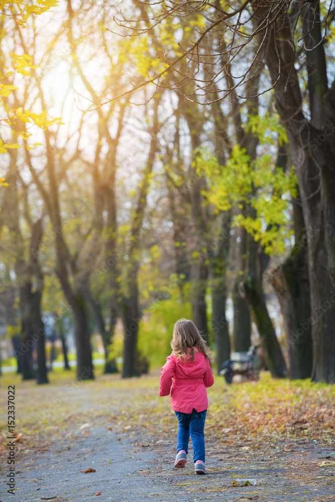Rear view of running little girl in autumn park.Lens flare Rear view of running little girl in autumn park.Lens flare