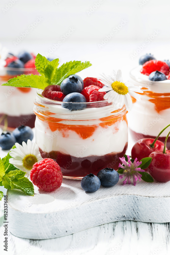 sweet dessert with jam and cream on white board, vertical closeup sweet dessert with jam and cream on white board, vertical closeup