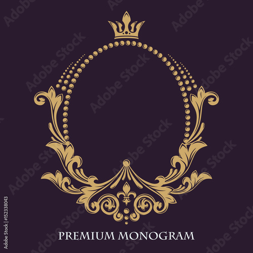 Decorative floral pattern. Gold graceful frame. Heraldic symbols. Monogram initials and exclusive calligraphic design elements. Vector business sign, identity for hotel, restaurant, jewelry, fashion.