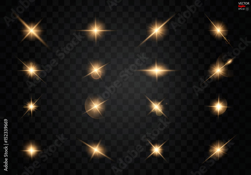 Set. Shining star, the sun particles and sparks with a highlight effect, golden bokeh lights glitter and sequins. On a dark background transparent. Vector, EPS10