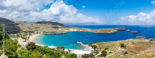 Panoramic view of Lindos bay and Megali Paralia beach from Lindos castle, Rhodes island, Greece