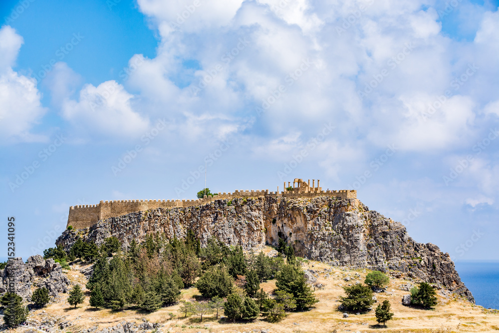 View of Lindos castle and acropolis, Rhodes island, Greece View of Lindos castle and acropolis, Rhodes island, Greece