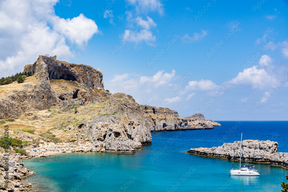 St Paul's Bay near Lindos on a beautiful day, Rhodes island, Greece
