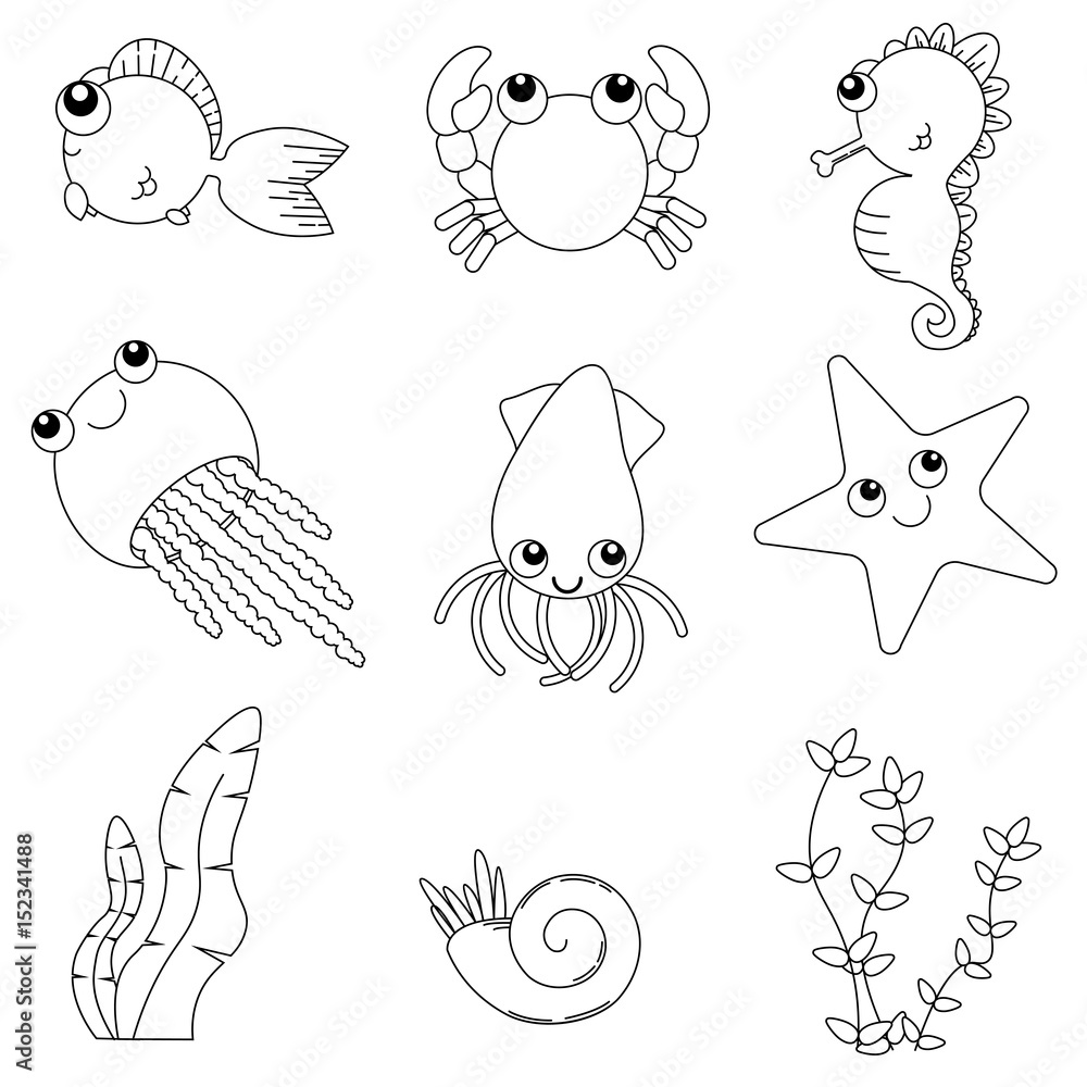 Obraz premium Flat design cute animals set. Underwater life: fish, jellyfish, seahorse, starfish, crab, squid, shells and seaweeds. Line art
