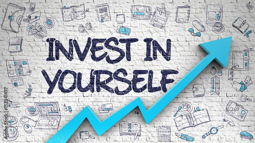 Canvas Print Invest In Yourself - Development Concept with Doodle Design Icons Around on the White Brick Wall Background