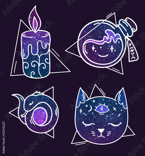 Cool set with mystic attributes in vector. Doodle magic prints with galaxy pattern. Collection with candle, snake ring, cat with third eye and potion in triangles.