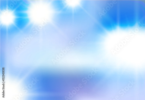 Vector abstract background of white light beaming flashes, light elements on a blue sky