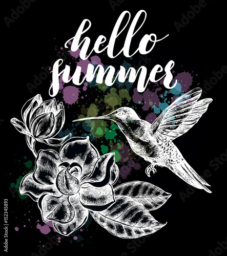 Background with Ink hand drawn flying colibri birds and magnolia flowers with leaves. Template for cards, banners with brush calligraphy style lettering. Vector illustration.