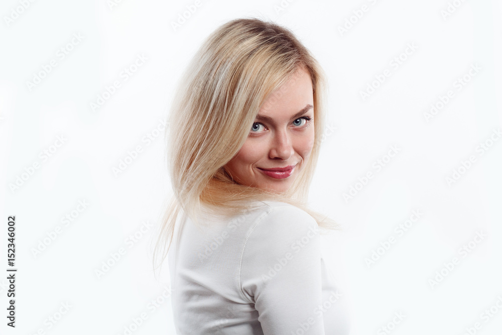 Beautiful woman smiling face close up studio on white. Beautiful woman smiling face close up studio on white.