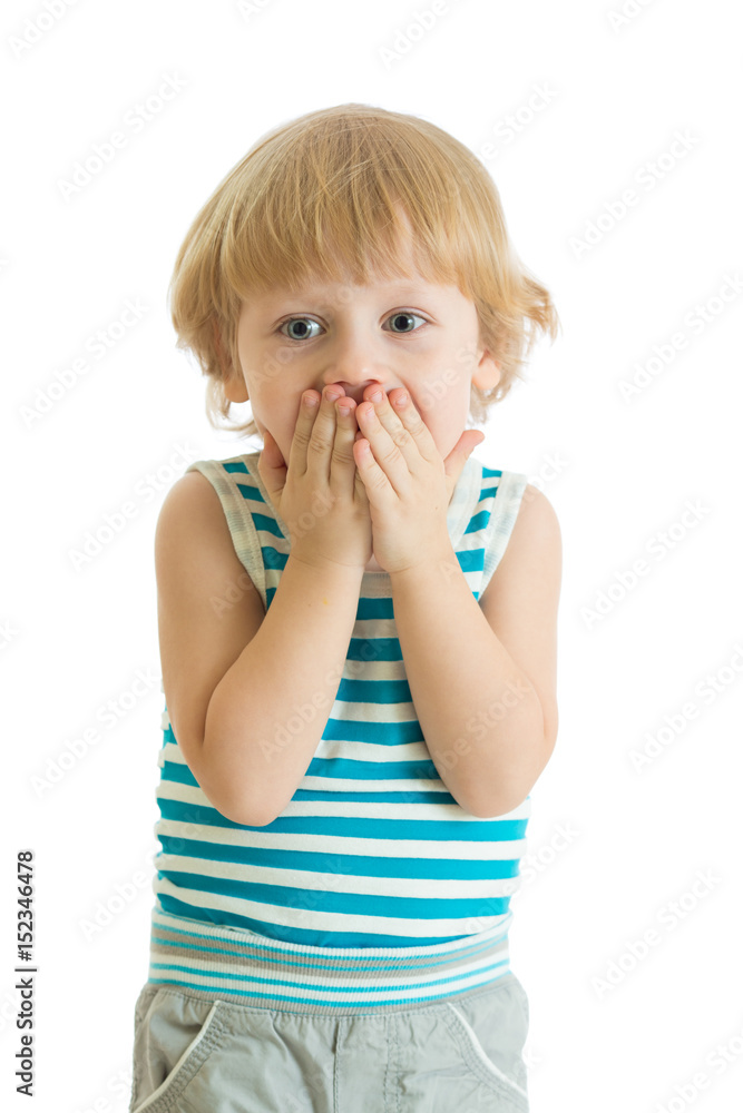 Surprised little boy with hands closed his face Surprised little boy with hands closed his face