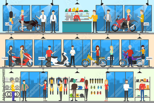 Motorcycle shop interior set.
