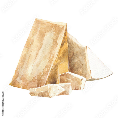 Parmesan cheese. Watercolor hand drawn illustration. Isolated on white background.