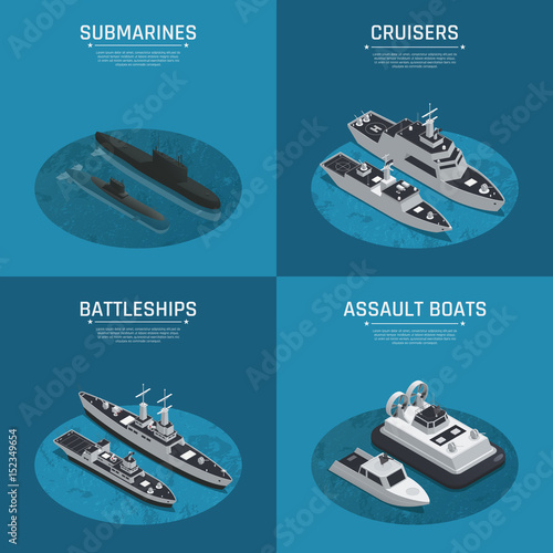 Square Military Boats Isometric Icon Set