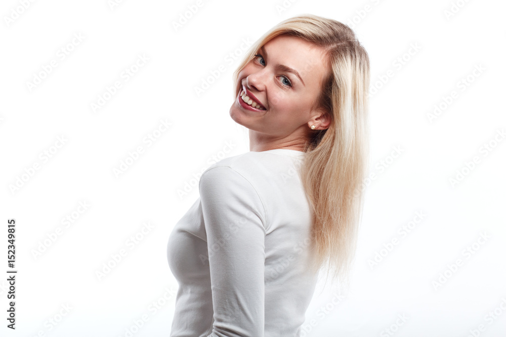 Beautiful woman smiling face close up studio on white. Beautiful woman smiling face close up studio on white.