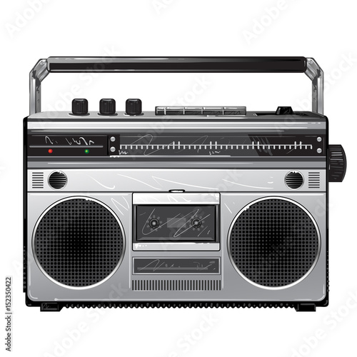 Radio Silver retro radio boom box .Vintage tape recorder for audio cassettes. Retro audio player 