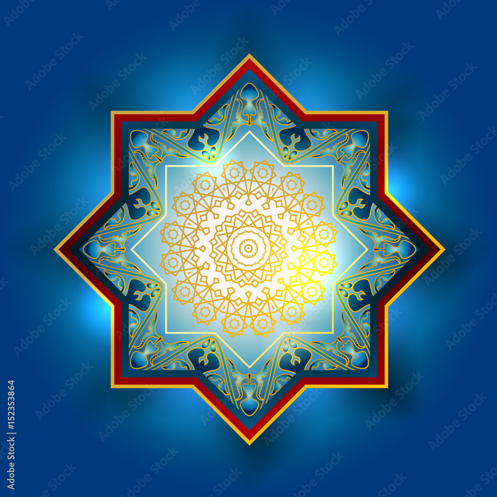 Vector Ornamental arabic golden elements pattern. Bokeh lights festive background. Greeting card, invitation for muslims month Ramadan Kareem. Vector illustration.