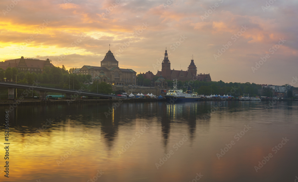 Panorama of Szczecin, Colorful sunset over the city