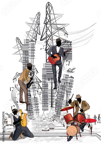 Abstract musical background with city traffic and musicians. photo