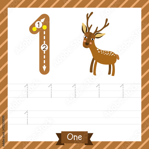 Number one tracing practice worksheet with 1 deer for kids learning to count and to write. Vector Illustration.