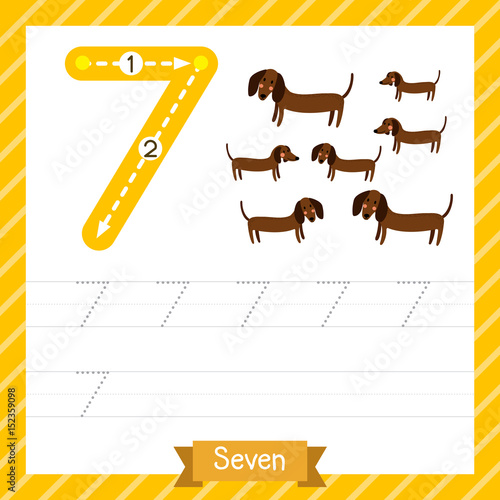 Number seven tracing practice worksheet with 7 dogs for kids learning to count and to write. Vector Illustration.