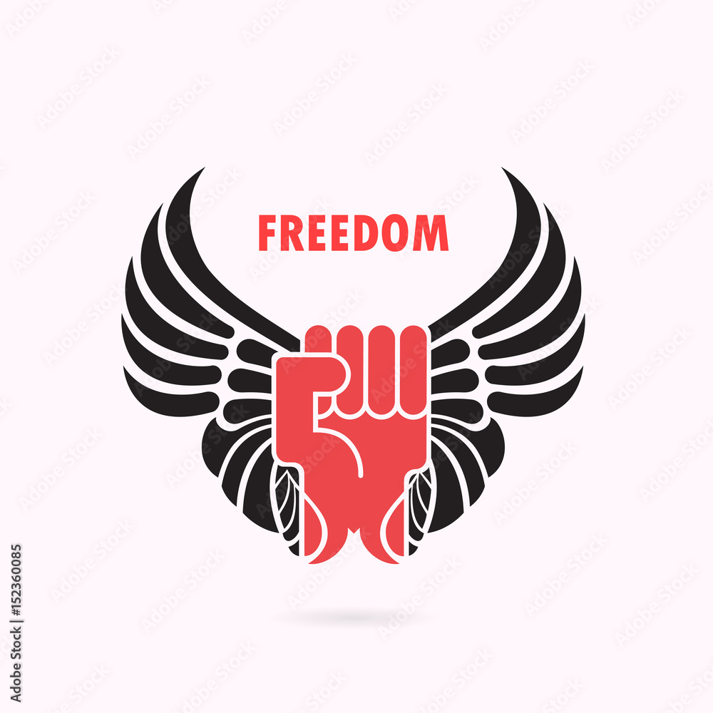 Human hand and wings.Red fist and wing icon.Force icon.Power and freedom concept.Vector illustration Human hand and wings.Red fist and wing icon.Force icon.Power and freedom concept.Vector illustration