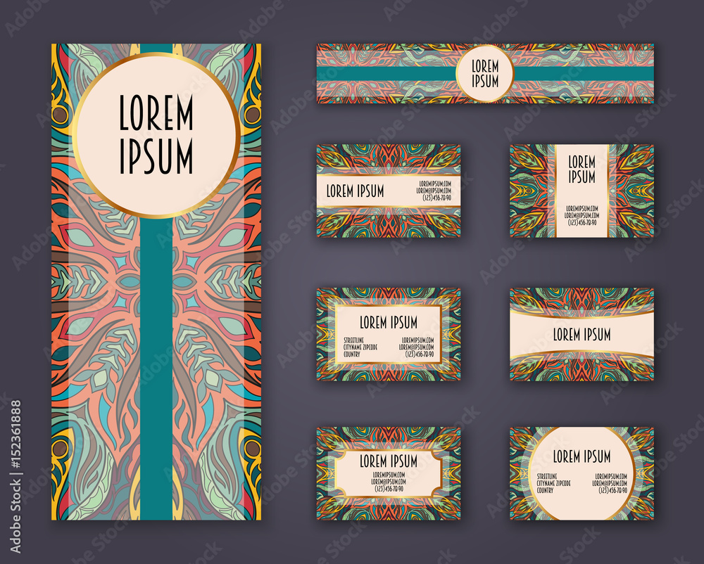 Obraz premium Business cards, invitations and banner template set. Ethnic mandala pattern and ornaments in boho style.