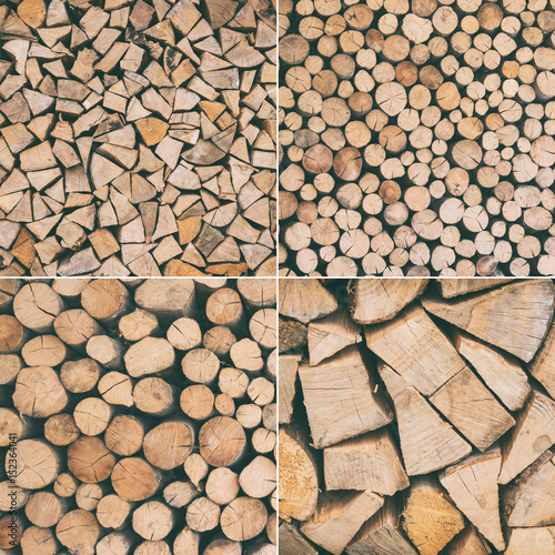 Fire wood natural background texture  chopped firewood vintage collection of four square images for Your design