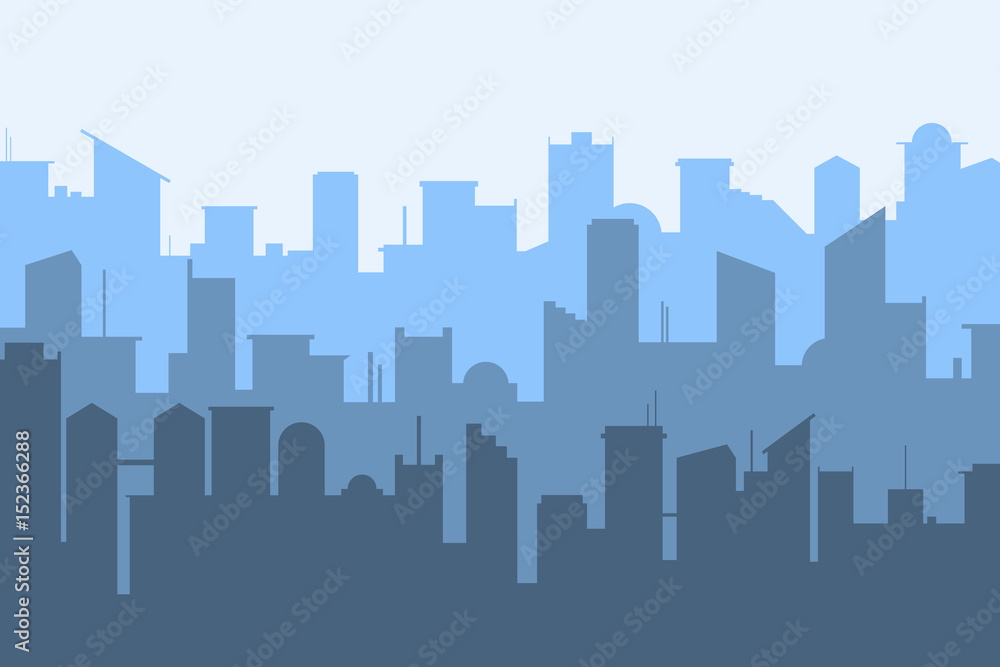 Random blue city skyline Vector on light background.