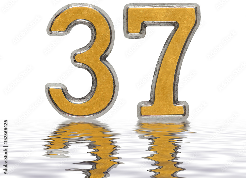 Numeral 37, thirty seven, reflected on the water surface, isolated on white, 3d render Numeral 37, thirty seven, reflected on the water surface, isolated on white, 3d render