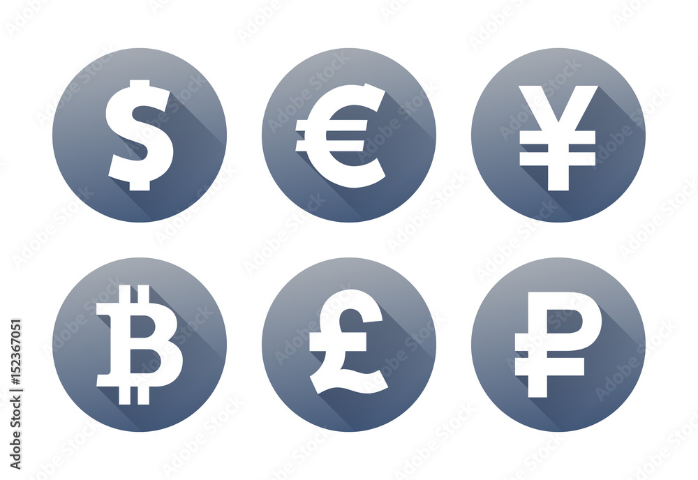 Set of currency icons with shadow - obrazy, fototapety, plakaty 