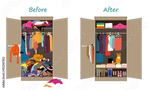 Before untidy and after tidy wardrobe. Messy clothes thrown on a shelf and nicely arranged clothes in piles and boxes.