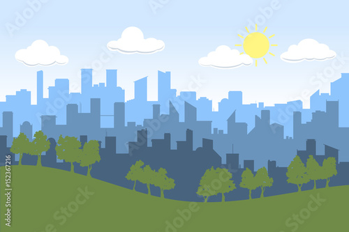 Random blue city skyline Vector on light background. Day, with trees on foreground