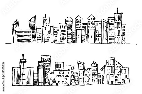 Cartoon hand drawing city. Vector on white background.